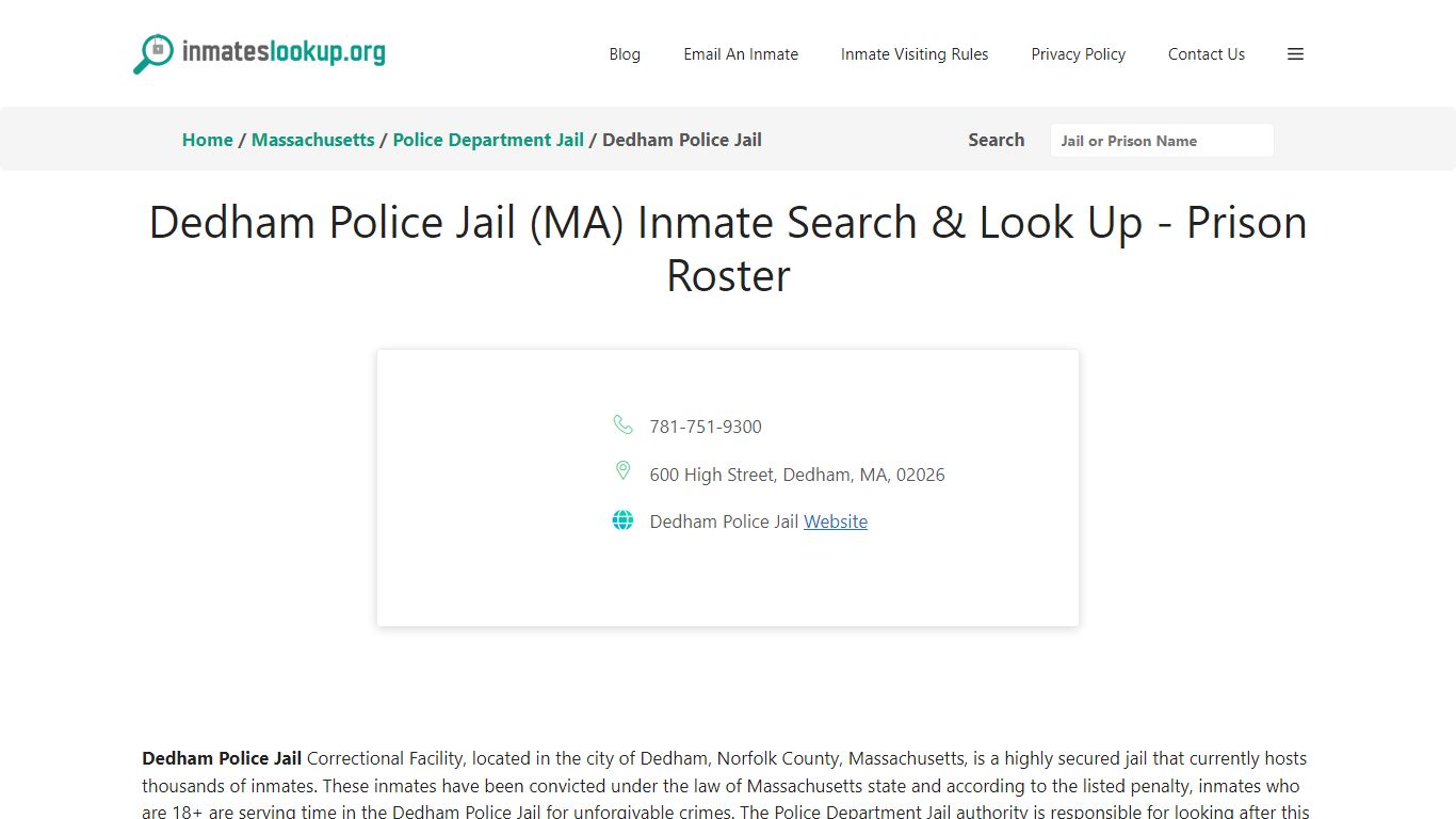 Dedham Police Jail (MA) Inmate Search & Look Up - Prison Roster